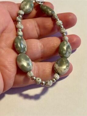 Hand Crafted Peace Jade, Sesame Jasper & Silver Gemstone Bracelet